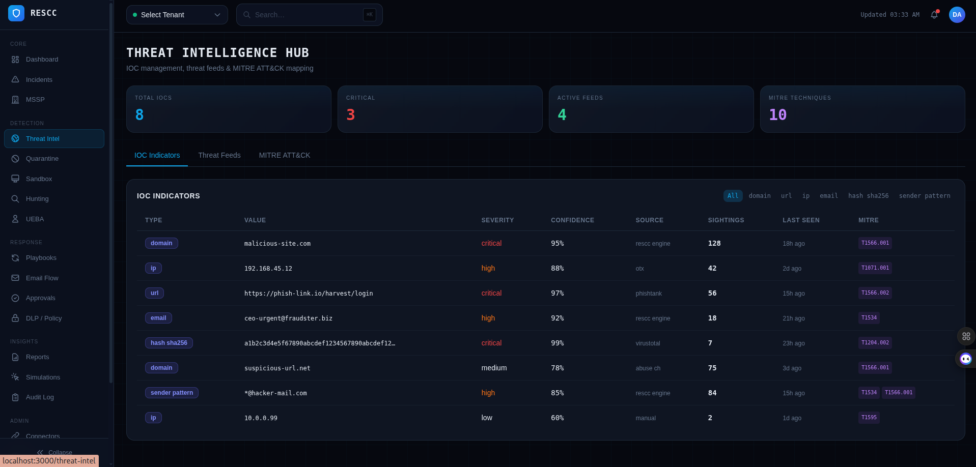 RTESCC Command Center Dashboard showing real-time threat monitoring, incident trends, and multi-tenant management